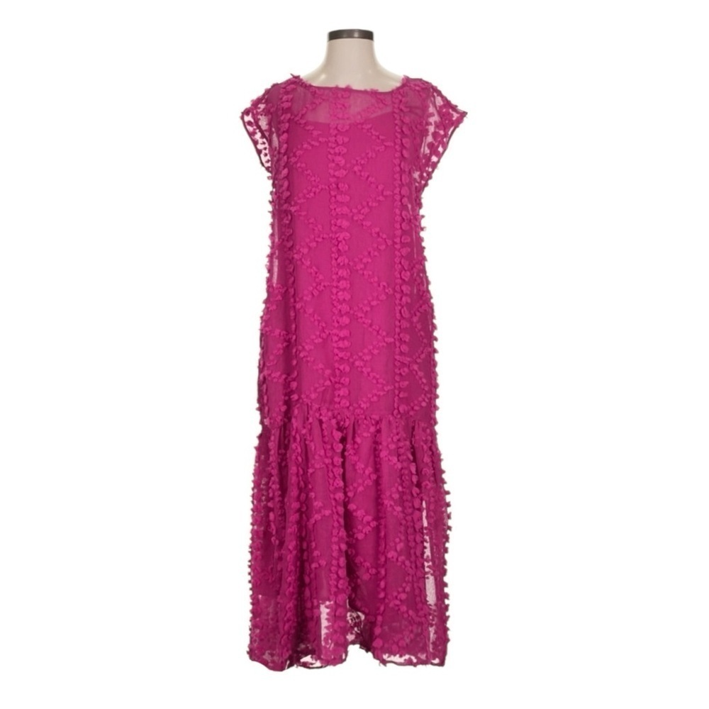 Anthropologie Maeve Blythe Textured Tulle Pom Pom Midi Dress Pink Size S NWT